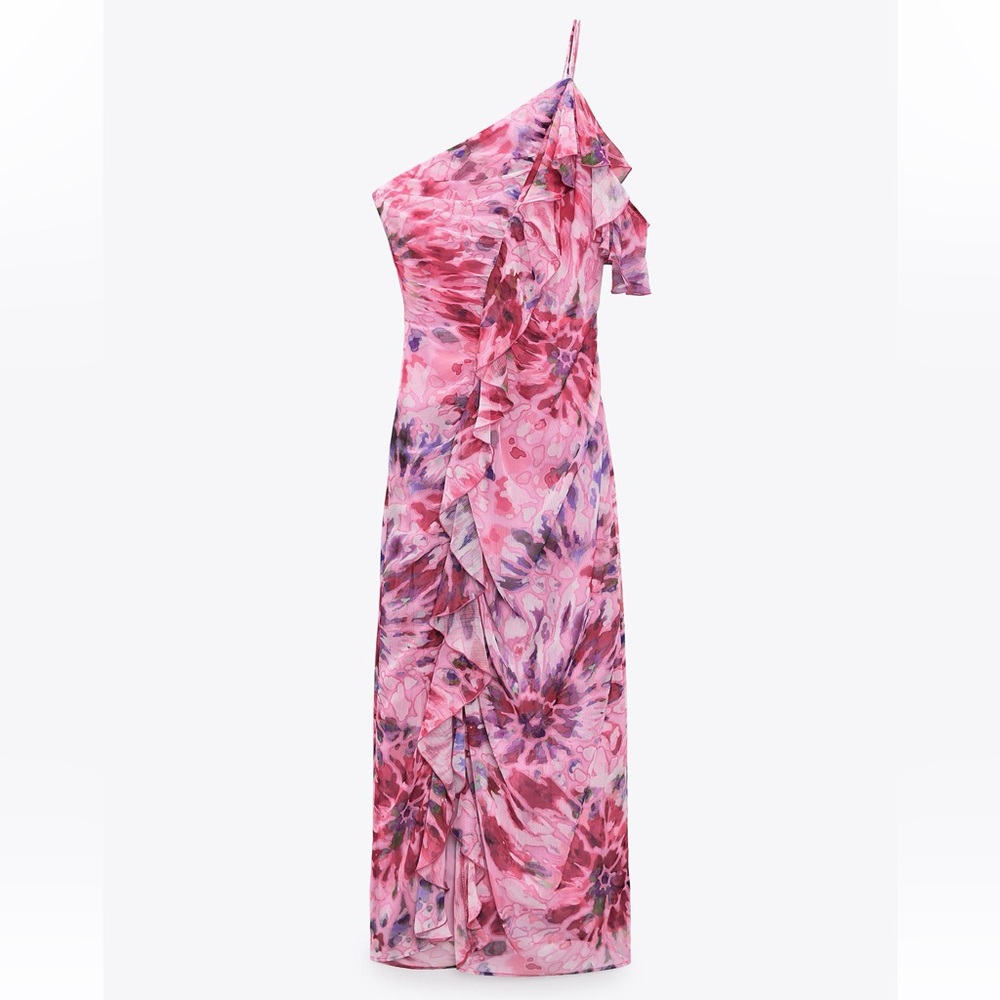 Zara Pink Floral One-Shoulder Dress